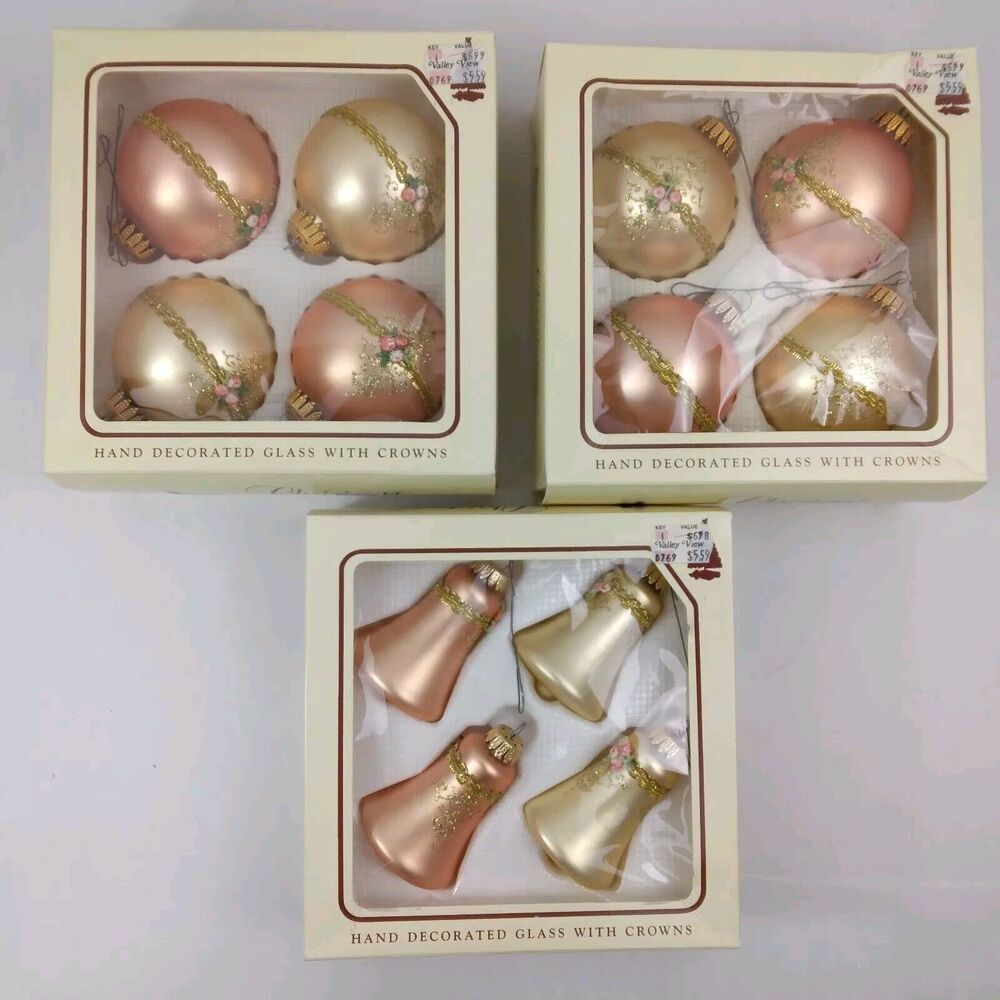 3 Box Vintage Glass Christmas Bell Round Ornaments Krebs Pink Gold Floral Ribbon